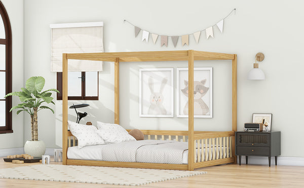 English Elm Full Size Canopy Floor Bed In Natural Rubberwood With Guardrails - Perfect For Kids' Imagination! W504P345756