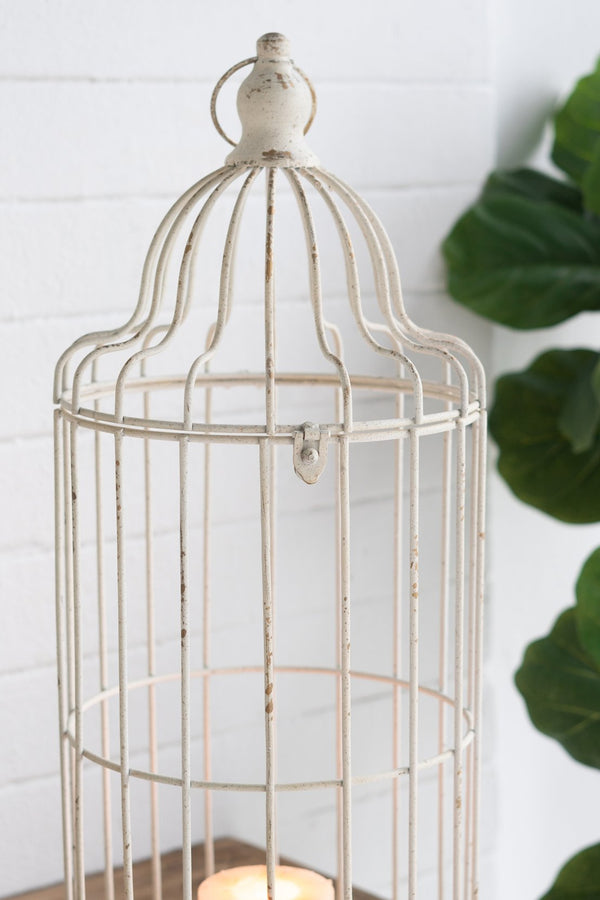 English Elm S/2 Victorian Iron Birdcage Lanterns Whitewashed Finial Tops Farmhouse Candle Holders W2078P495667
