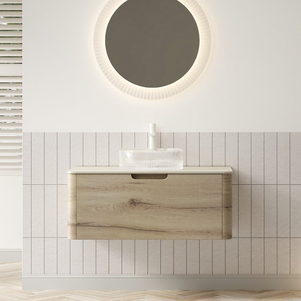 English Elm Xai 36" Modern Floating Bathroom Vanity With Glass Basin, Travertine Top & Soft-Close Drawers W2615S00282-GIGA