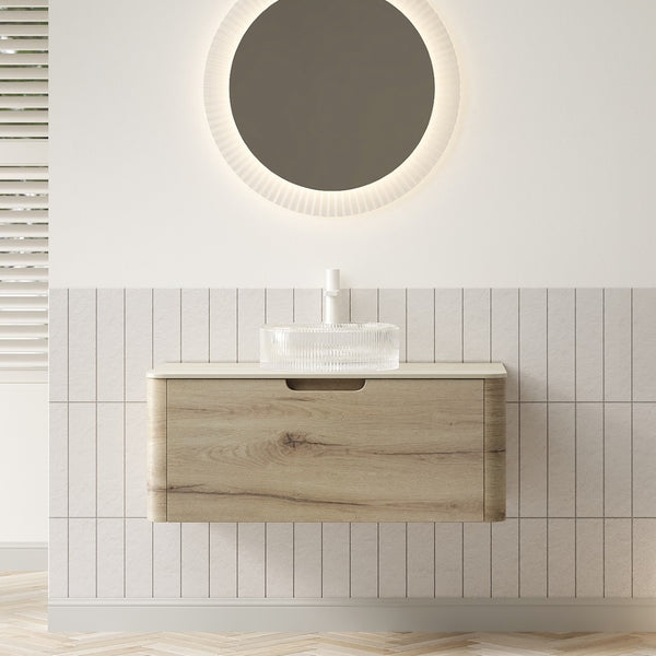 English Elm Xai 36" Modern Floating Bathroom Vanity With Glass Basin, Travertine Top & Soft-Close Drawers W2615S00282-GIGA