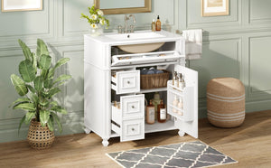 English Elm Bathroom Vanity with Sink French-Inspired 30" Ceramic Basin Vanity Cabinet with Soft-Close Doors & Drawer Organizer White N710P286723K