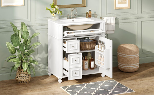 English Elm Bathroom Vanity with Sink French-Inspired 30" Ceramic Basin Vanity Cabinet with Soft-Close Doors & Drawer Organizer White N710P286723K