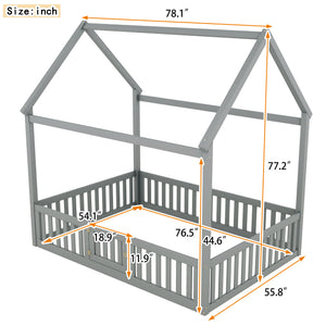 English Elm Full Size Pine House Bed with Pitched Roof Fence and Door for Kids Playroom WF531502AAE