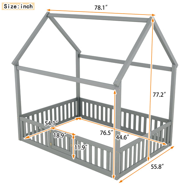 English Elm Full Size Pine House Bed with Pitched Roof Fence and Door for Kids Playroom WF531502AAE