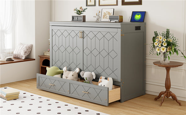 English Elm Queen Murphy Wall Bed Cabinet with Storage Drawer Built-in Power Outlets Usb Ports Gray LP000400AAE-1