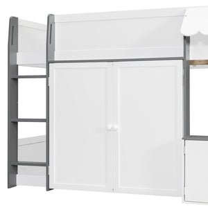 English Elm Twin House Loft Bed with Pull Out Rolling Desk Stair Drawers and Cabinet Storage White+Gray N820S00074E