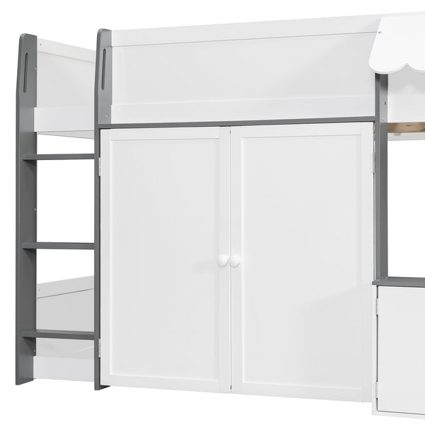 English Elm Twin House Loft Bed with Pull Out Rolling Desk Stair Drawers and Cabinet Storage White+Gray N820S00074E
