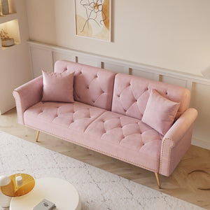 English Elm A Velvet 69.7" Sofa Bed with Gold Legs, Nailhead Trim, 2-Seater Convertible Sofa with Pillow Pink W3356P298450