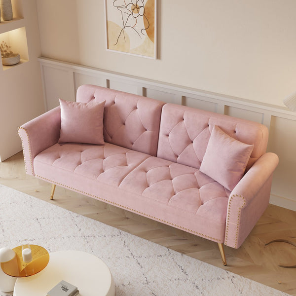 English Elm A Velvet 69.7" Sofa Bed with Gold Legs, Nailhead Trim, 2-Seater Convertible Sofa with Pillow Pink W3356P298450