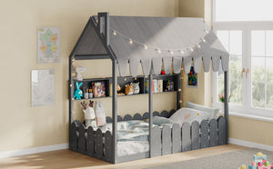 English Elm {slats Are Not Included} Twin Montessori House Floor Bed Kids Tent Lights Shelves Pinewood Frame Gray N708P407962E
