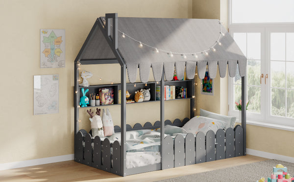 English Elm {slats Are Not Included} Twin Montessori House Floor Bed Kids Tent Lights Shelves Pinewood Frame Gray N708P407962E