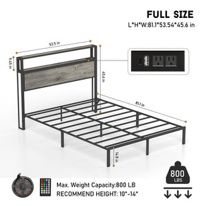 English Elm Full Platform Bed with Rgb Lighting Storage Headboard and Built-in Charging Ports T3963P447311