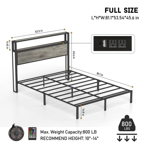 English Elm Full Platform Bed with Rgb Lighting Storage Headboard and Built-in Charging Ports T3963P447311