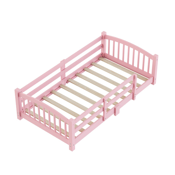 English Elm Twin Montessori Floor Bed Solid Pine Frame with Safety Guardrails for Kids Bedroom Pink N733P400298H