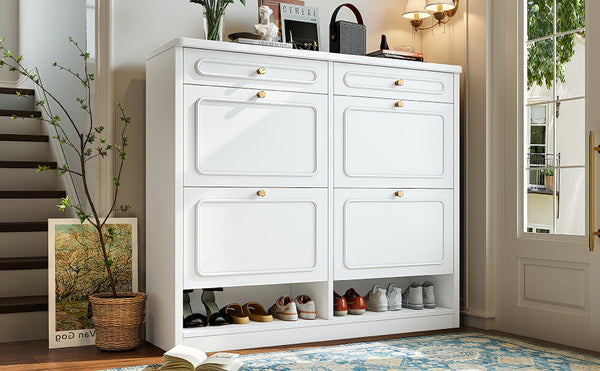 English Elm Wooden Farmhouse Entryway Shoe Cabinet with Six Drawers for Organized Hallway Storage Light White W1580P402825