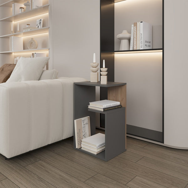 English Elm Side Table Sallis – Modern Gray & Macadamia Accent Table With Open Shelf For Living Spaces B092P309183-GIGA