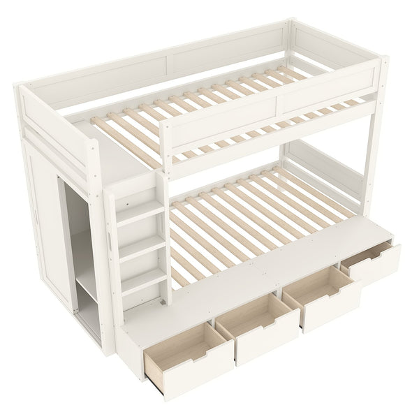 English Elm Twin Triple Bunk Bed Metal L-shaped Frame Sleeps Three Kids White Finish Ivory W1580S00643