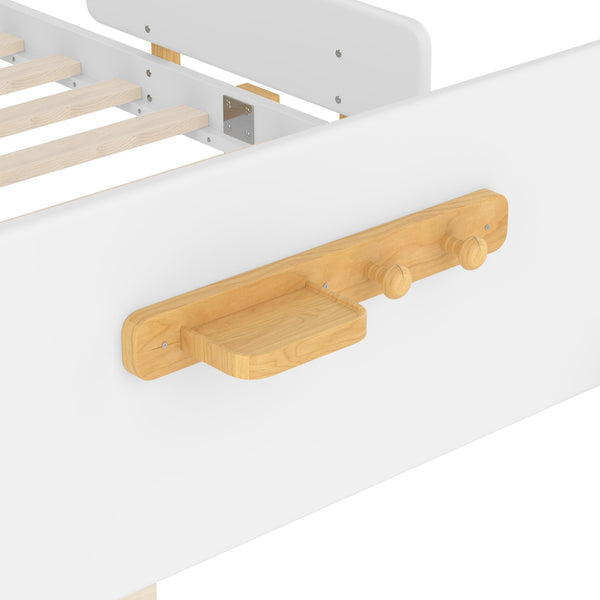 English Elm Twin Low Profile Kids Floor Bed Pine Wood Frame with Safety Rail and Built in Bookshelf Light White W1580P373244
