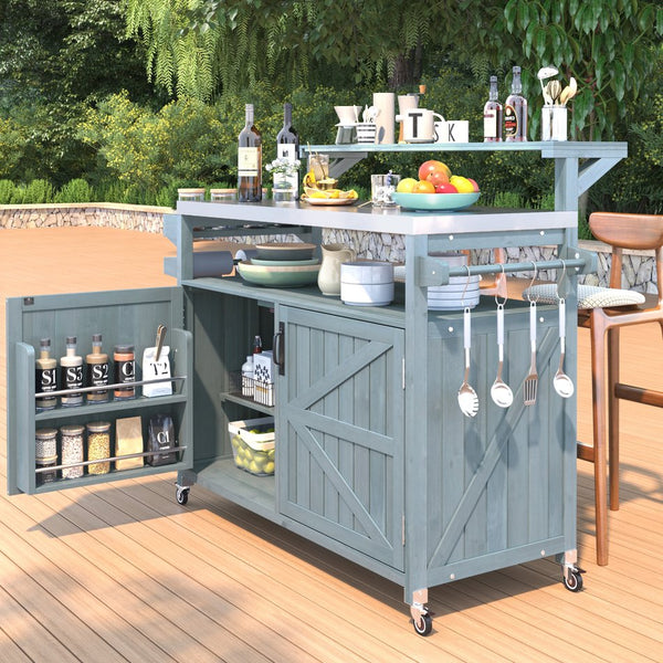 English Elm K&K 53.3" Outdoor Kitchen Island with 1.2" Stainless Top, Spacious Storage, Raised Shelf, Wheels Grey+Blue N707P250628G