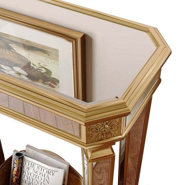 English Elm Mirror Console Table Gold Carved Frame Entryway Accent with Reflective Mirrored Panels W1445P407834