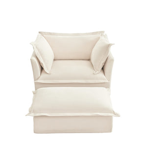 English Elm Upholstered Slipcovered Armchair & Ottoman Set, Soft Chenille Cream Chairs With Cozy Pillows For Relaxation W3041S00001-GIGA
