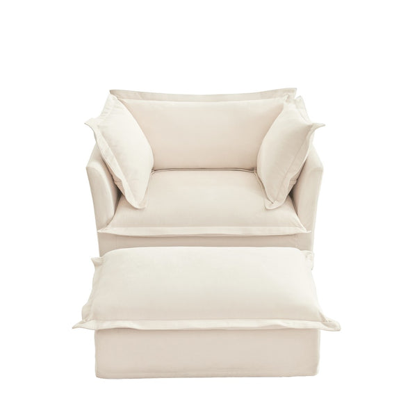 English Elm Upholstered Slipcovered Armchair & Ottoman Set, Soft Chenille Cream Chairs With Cozy Pillows For Relaxation W3041S00001-GIGA