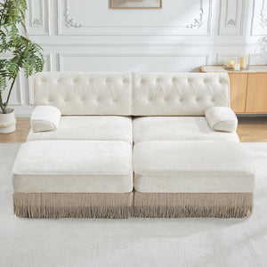 English Elm With Tufted Velvet Sectional Sofa Two Ottomans Tassel Skirt French Chesterfield Living Room Beige W714S01743