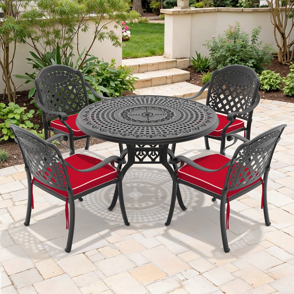 English Elm 5-piece Cast Aluminum Outdoor Dining Set with Carved Relief Frame and Cushioned Seats W1710S00637