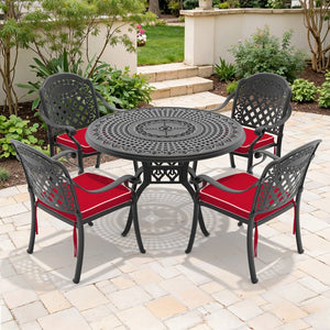 English Elm 5-piece Cast Aluminum Outdoor Dining Set with Carved Relief Frame and Cushioned Seats W1710S00637
