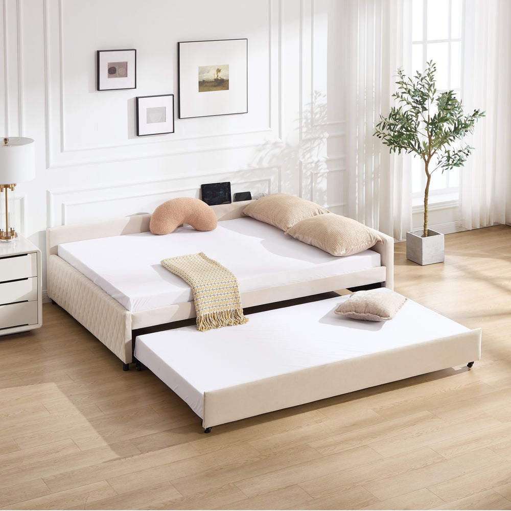 English Elm Upholstered Velvet Daybed with Pull Out Trundle Diamond Tufted Guest Bedroom Sofa Beige W1361S00069