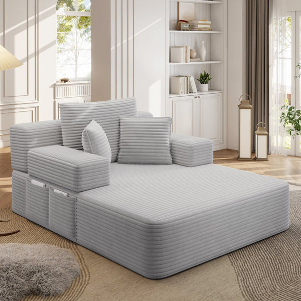 English Elm Luxurious Corduroy Convertible Chaise Lounge Sofa Bed with Foam Support for Apartments Light Grey W3219P449013