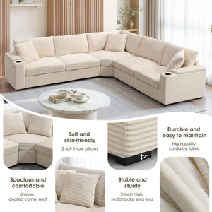 English Elm 104" Corduroy L-shaped Sectional with Usb Charging Armrest Storage and Cup Holders Beige N723S1187A