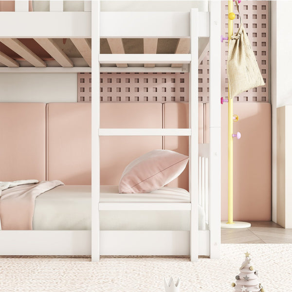 English Elm Twin Triple Rubberwood Bunk Bed with Ladders & Guardrails, Space-Saving Modular Design for Families White W504S00171