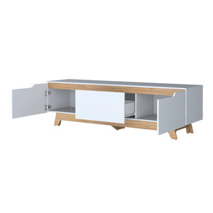 English Elm White White and Natural Oak Entertainment Center with Sleek Two-Shelf Layout, Drawer & Ample Storage Space B062P290268