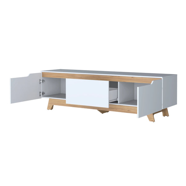 English Elm White White and Natural Oak Entertainment Center with Sleek Two-Shelf Layout, Drawer & Ample Storage Space B062P290268