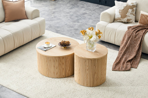 English Elm 2-piece Round Nesting Tables with Fluted Column Base Hidden Storage Oak Grain Finish Wood W3875P396797