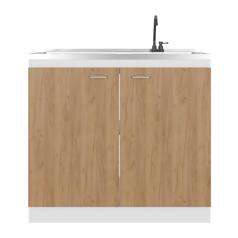 English Elm White and Oak Two-tone Kitchen Pantry Cabinet with Double Doors Three Interior Shelves B062S01868