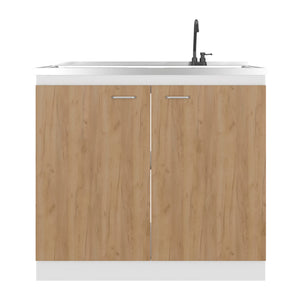English Elm White and Oak Two-tone Kitchen Pantry Cabinet with Double Doors Three Interior Shelves B062S01868