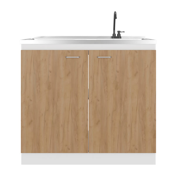 English Elm White and Oak Two-tone Kitchen Pantry Cabinet with Double Doors Three Interior Shelves B062S01868