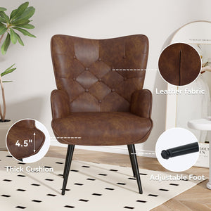 English Elm Elegant Upholstered Chair Ergonomic Wing-Back Armchair with PU Leather, Metal Legs, 150kg Capacity Brown T3950P394352