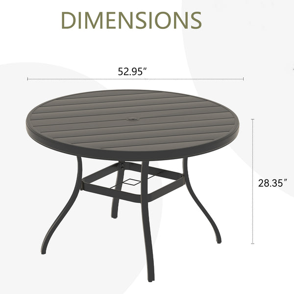 English Elm Outdoor Round Patio Dining Table with Powder-Coated Steel, Seats 6-7, Umbrella Hole, Rust-Resist Black W213P335135