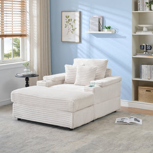 English Elm This Corduroy Single Seat Armchair with Storage Ottoman and Built-in Cup Holders White W1278S00078