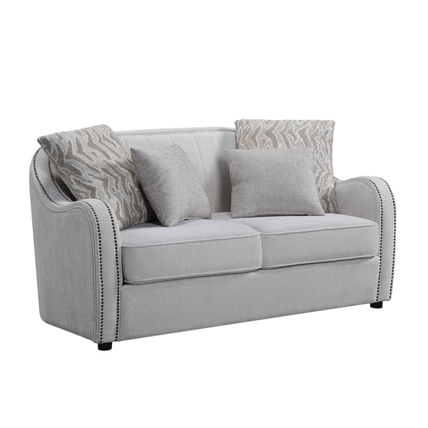 English Elm Mahler Beige Linen Loveseat with Nailhead Trim Pocket Coil Support and Four Pillows B2726P457621