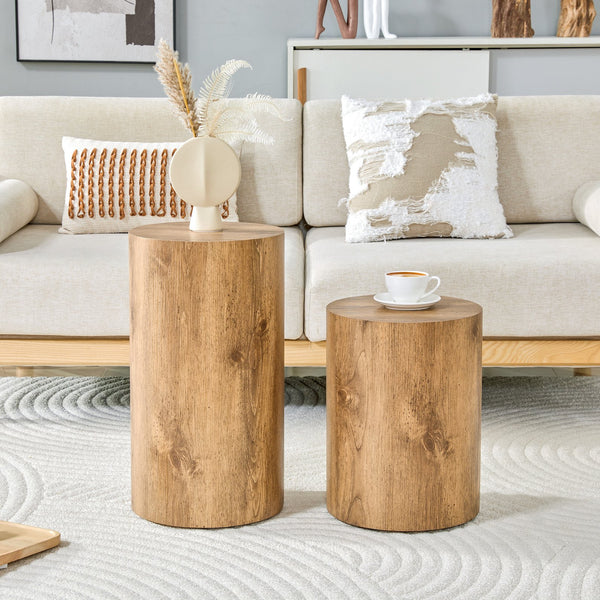 English Elm Modern Minimalist Wood Cylinder Coffee Table Set of 2 — Marble-Pattern MDF, Multi-Size, No Assembly Needed W1151S04196