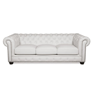English Elm Traditional Tufted Leather Chesterfield Sofa with Feather-Down Cushions, Nailhead Trim & Wood Legs White B193P200143