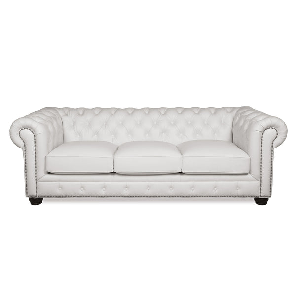 English Elm Traditional Tufted Leather Chesterfield Sofa with Feather-Down Cushions, Nailhead Trim & Wood Legs White B193P200143