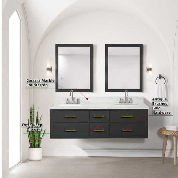 English Elm Castor 60 in Black Double Bath Vanity with Carrara Marble Top, Chrome Faucets & 28" Mirrors - Luxurious Oak Finish B2731P336964