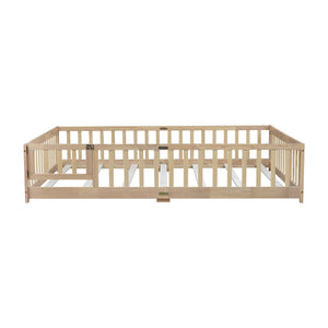 English Elm Queen Rubber Wood Floor Bed with Full Perimeter Safety Fence and Hinged Access Door Natural W504P429341