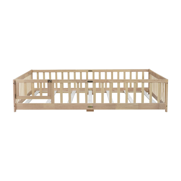 English Elm Queen Rubber Wood Floor Bed with Full Perimeter Safety Fence and Hinged Access Door Natural W504P429341
