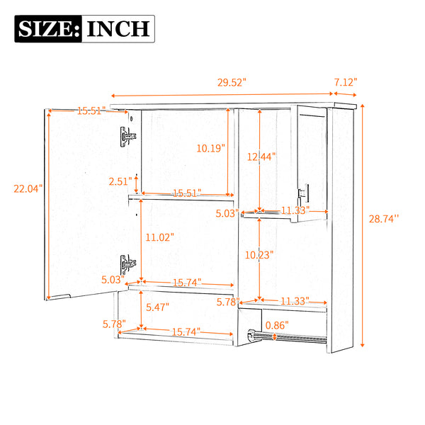 English Elm 29'' Modern Wall Mounted Medicine Cabinet with Mirror, Spacious Adjustable Shelves, Towel Bar and Durable MDF Finish White N710P209440K